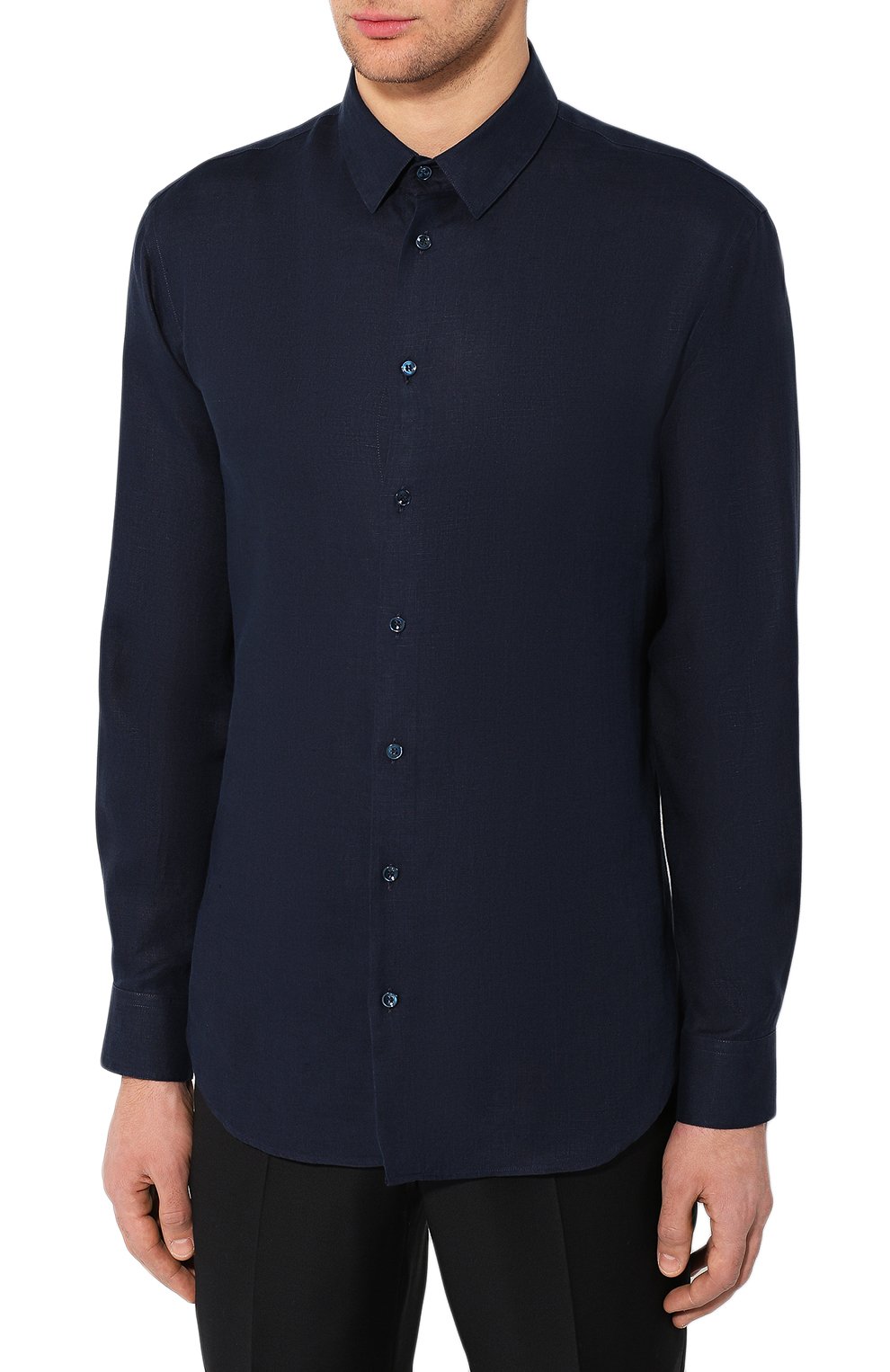 Мужская льняная рубашка GIORGIO ARMANI синего цвета, арт. 8WGCCZ97/TZ256 | Фото 3 (Манжеты: На пуговицах; Воротник: Кент; Рукава: Длинные; Случай: Повседневный; Длина (для топов): Стандартные; Материал сплава: Проставлено; Материал внешний: Лен; Принт: Однотонные; Драгоценные камни: Проставлено; Мужское Кросс-КТ: Рубашка-одежда)
