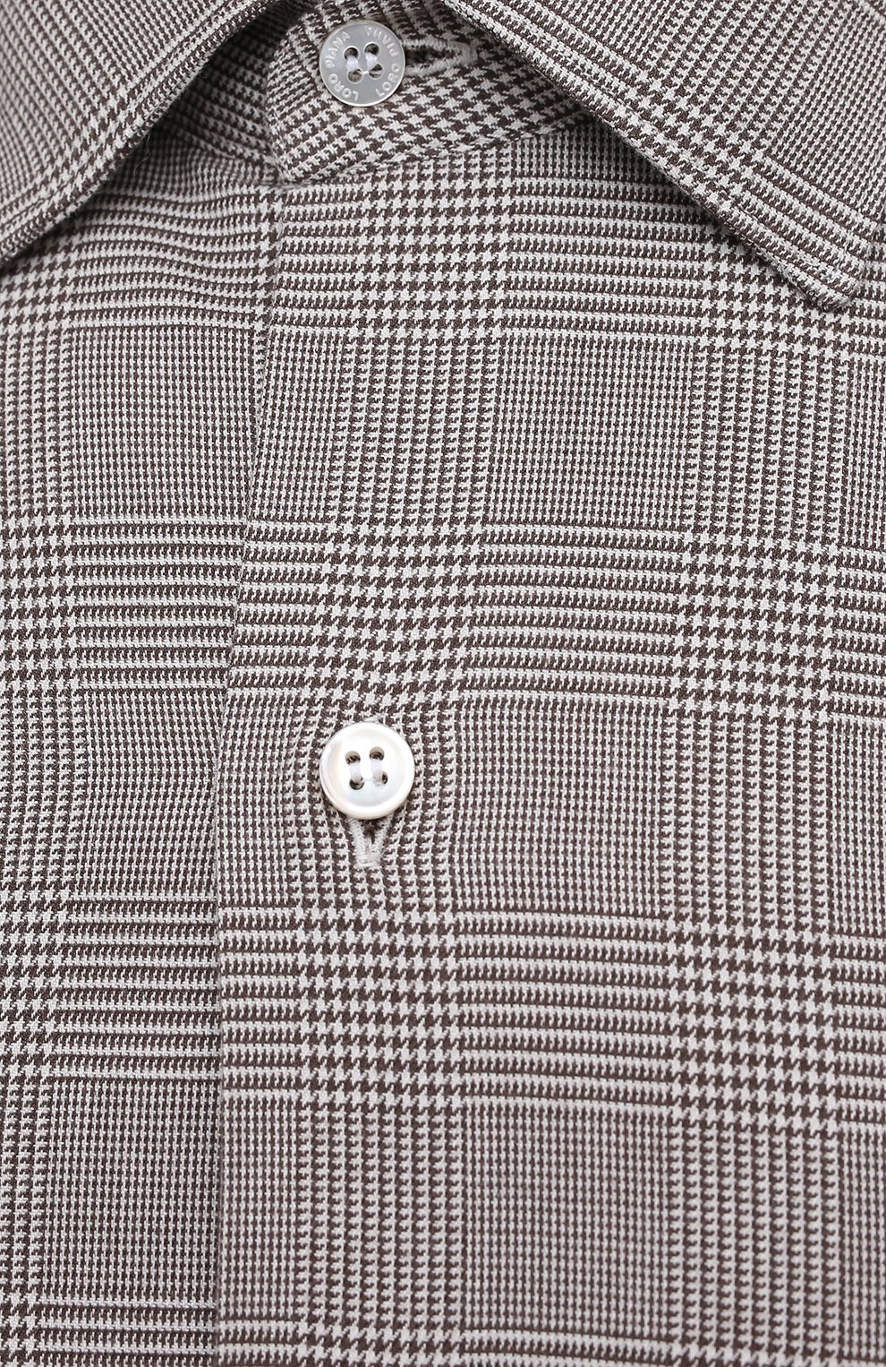 Мужская хлопковая рубашка LORO PIANA коричневого цвета, арт. FAL4361 | Фото 5 (Манжеты: На пуговицах; Принт: Клетка; Воротник: Кент; Рукава: Длинные; Случай: Повседневный; Длина (для топов): Стандартные; Рубашки М: Slim Fit; Региональные ограничения белый список (Axapta Mercury): RU; Материал внешний: Хлопок; Мужское Кросс-КТ: Рубашка-одежда; Стили: Кэжуэл)