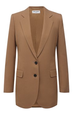 Женский шерстяной жакет SAINT LAURENT бежевого цвета, арт. 648671/Y7C28 | Фото 1 (Материал внешний: Шерсть; Рукава: Длинные; Стили: Гламурный; Случай: Повседневный; Длина (для топов): Удлиненные; 1-2-бортные: Однобортные; Женское Кросс-КТ: Жакет-одежда; Материал подклада: Шелк)