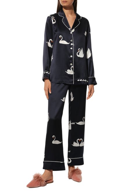 Женская шелковая пижама OLIVIA VON HALLE темно-синего цвета, арт. PS2209 | Фото 2 (Рукава: Длинные; Материал внешний: Шелк; Длина (для топов): Стандартные; Длина Ж (юбки, платья, шорты): Мини; Длина (брюки, джинсы): Стандартные)