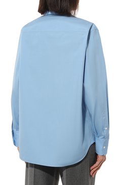 Женская хлопковая рубашка HELMUT LANG голубого цвета, арт. M06HW502 | Фото 4 (Рукава: Длинные; Принт: Без принта; Женское Кросс-КТ: Рубашка-одежда; Длина (для топов): Удлиненные; Материал сплава: Проставлено; Нос: Не проставлено; Материал внешний: Хлопок; Драгоценные камни: Проставлено; Стили: Кэжуэл)