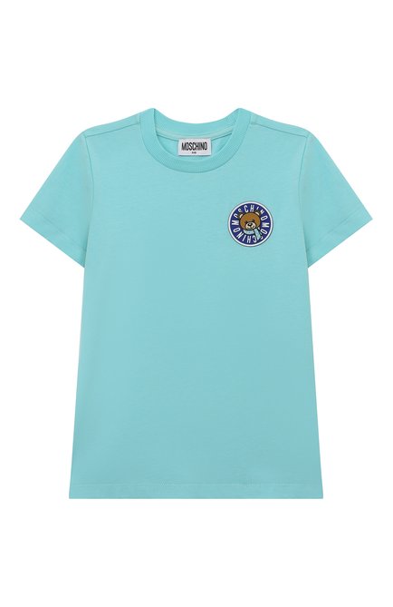 Детская хлопковая футболка MOSCHINO бирюзового цвета, арт. HSM03U/LAA10/4A-8A | Фото 1 (Драгоценные камни: Проставлено; Материал сплава: Проставлено; Материал внешний: Хлопок; Рукава: Короткие)