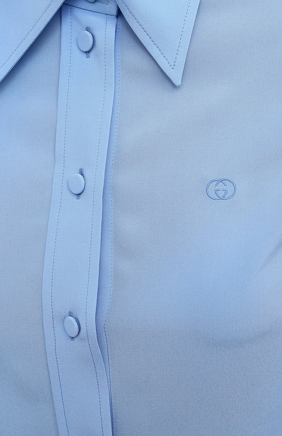 Женская шелковая рубашка GUCCI голубого цвета, арт. 627407/ZAEWU | Фото 5 (Материал внешний: Шелк; Рукава: Длинные; Принт: Без принта; Женское Кросс-КТ: Рубашка-одежда; Длина (для топов): Стандартные; Региональные ограничения белый список (Axapta Mercury): RU; Стили: Классический)