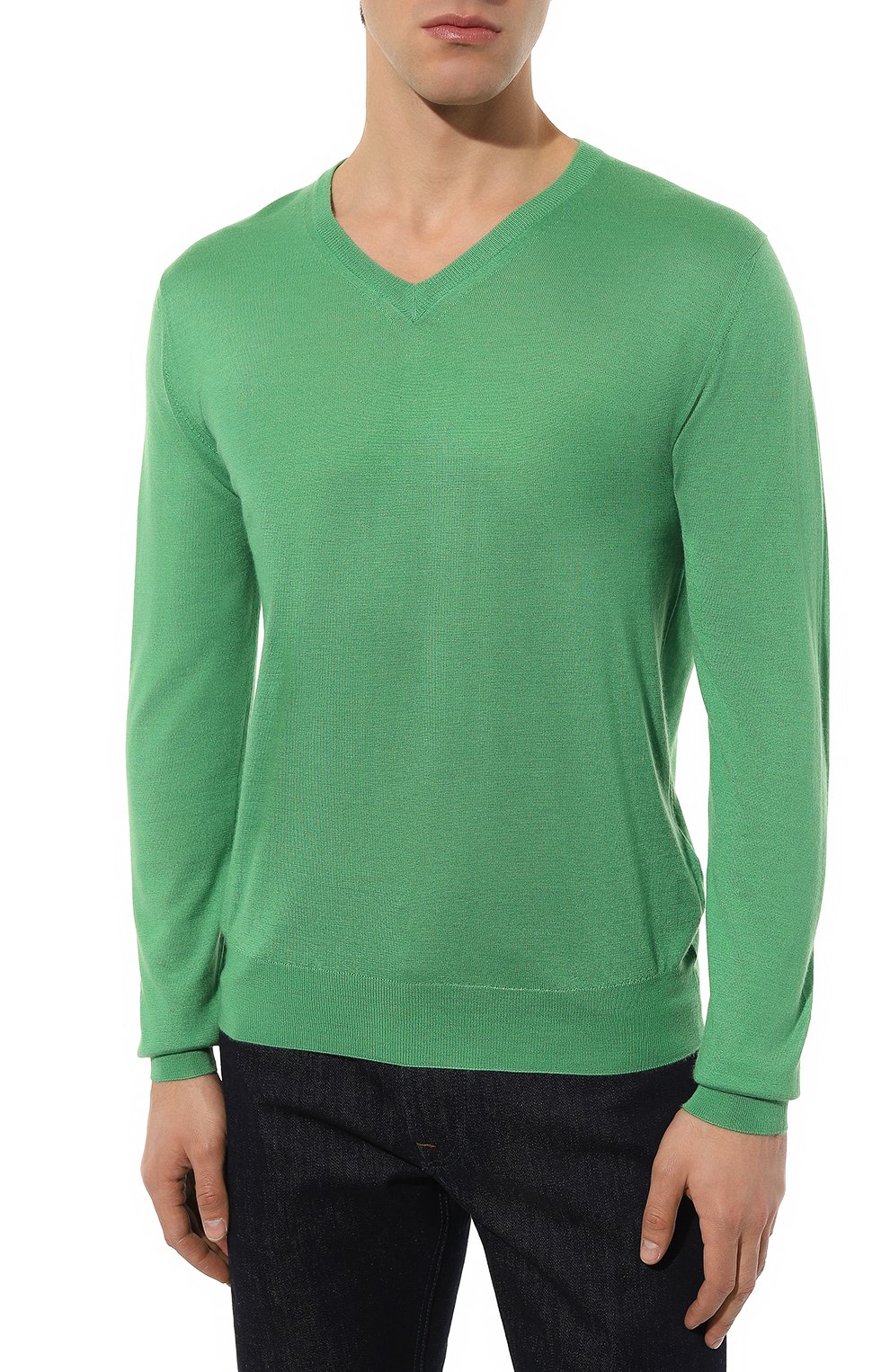Мужской пуловер из кашемира и шелка FEDELI зеленого цвета, арт. 6UE07135 | Фото 3 (Принт: Без принта; Материал внешний: Шерсть, Шелк, Кашемир; Рукава: Длинные; Длина (для топов): Стандартные; Вырез: V-образный; Мужское Кросс-КТ: Пуловеры; Стили: Кэжуэл)