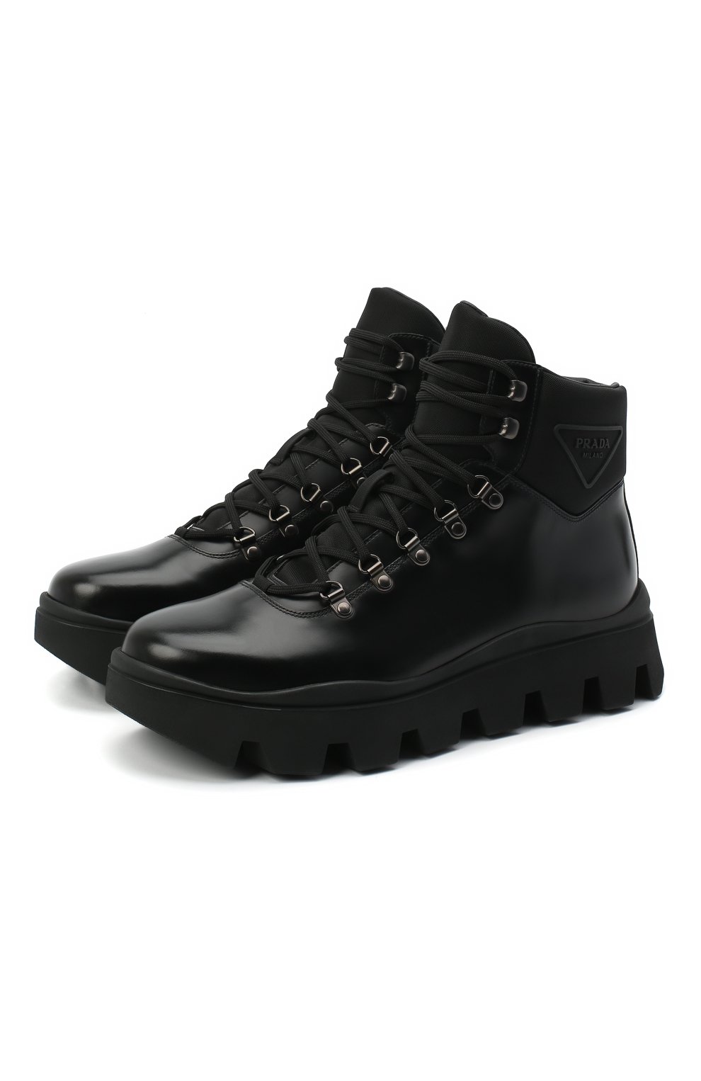 Мужские кожаные ботинки PRADA черного цвета, арт. 2TE170-3KZP-F0002-G000 | Фото 1 (Мужское Кросс-КТ: Хайкеры-обувь, Ботинки-обувь; Материал утеплителя: Без утеплителя; Подошва: Массивная)