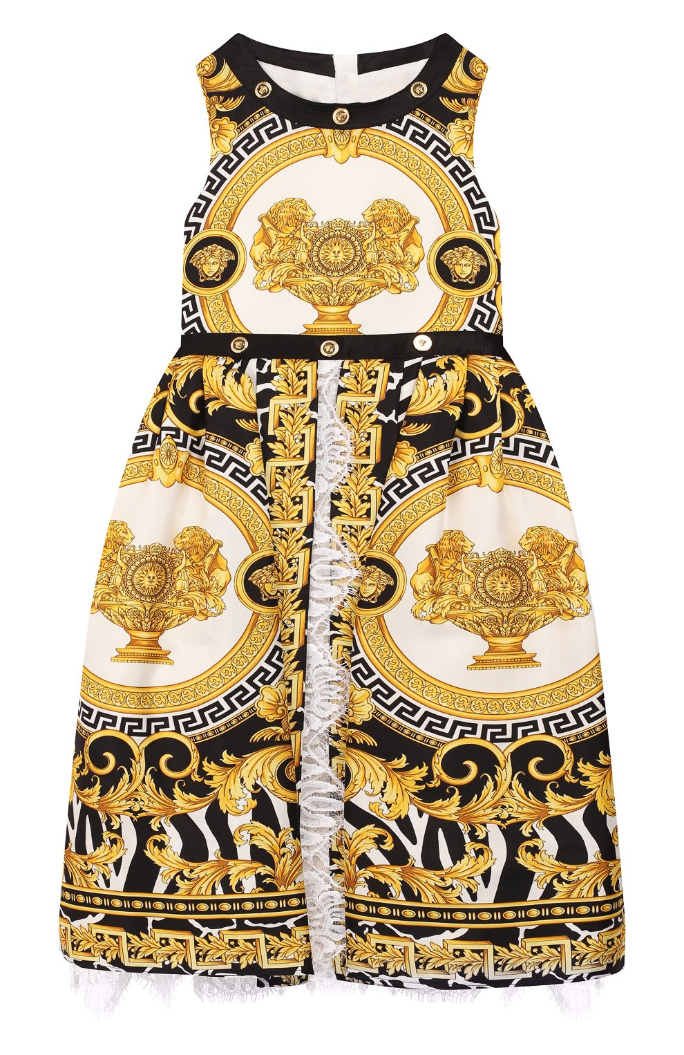 Детское шелковое платье VERSACE разноцветного цвета, арт. YC000090/YA00279/6A | Фото 1 (Материал внешний: Шелк; Рукава: Короткие, Без рукавов; Случай: Повседневный; Принт: С принтом; Девочки Кросс-КТ: Платье-одежда; Материал подклада: Вискоза; Статус проверки: Проверена категория)
