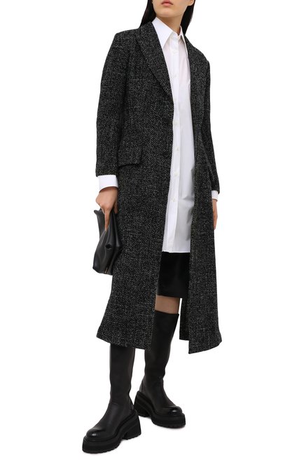 Женское шерстяное пальто YOHJI YAMAMOTO черного цвета, арт. FR-C04-104 | Фото 2 (Рукава: Длинные; Материал внешний: Шерсть; Стили: Классический; Материал подклада: Купро; Длина (верхняя одежда): До середины бедра; 1-2-бортные: Однобортные)