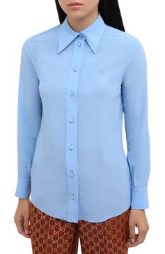 Женская шелковая рубашка GUCCI голубого цвета, арт. 627407/ZAEWU | Фото 3 (Материал внешний: Шелк; Рукава: Длинные; Принт: Без принта; Женское Кросс-КТ: Рубашка-одежда; Длина (для топов): Стандартные; Региональные ограничения белый список (Axapta Mercury): RU; Стили: Классический)