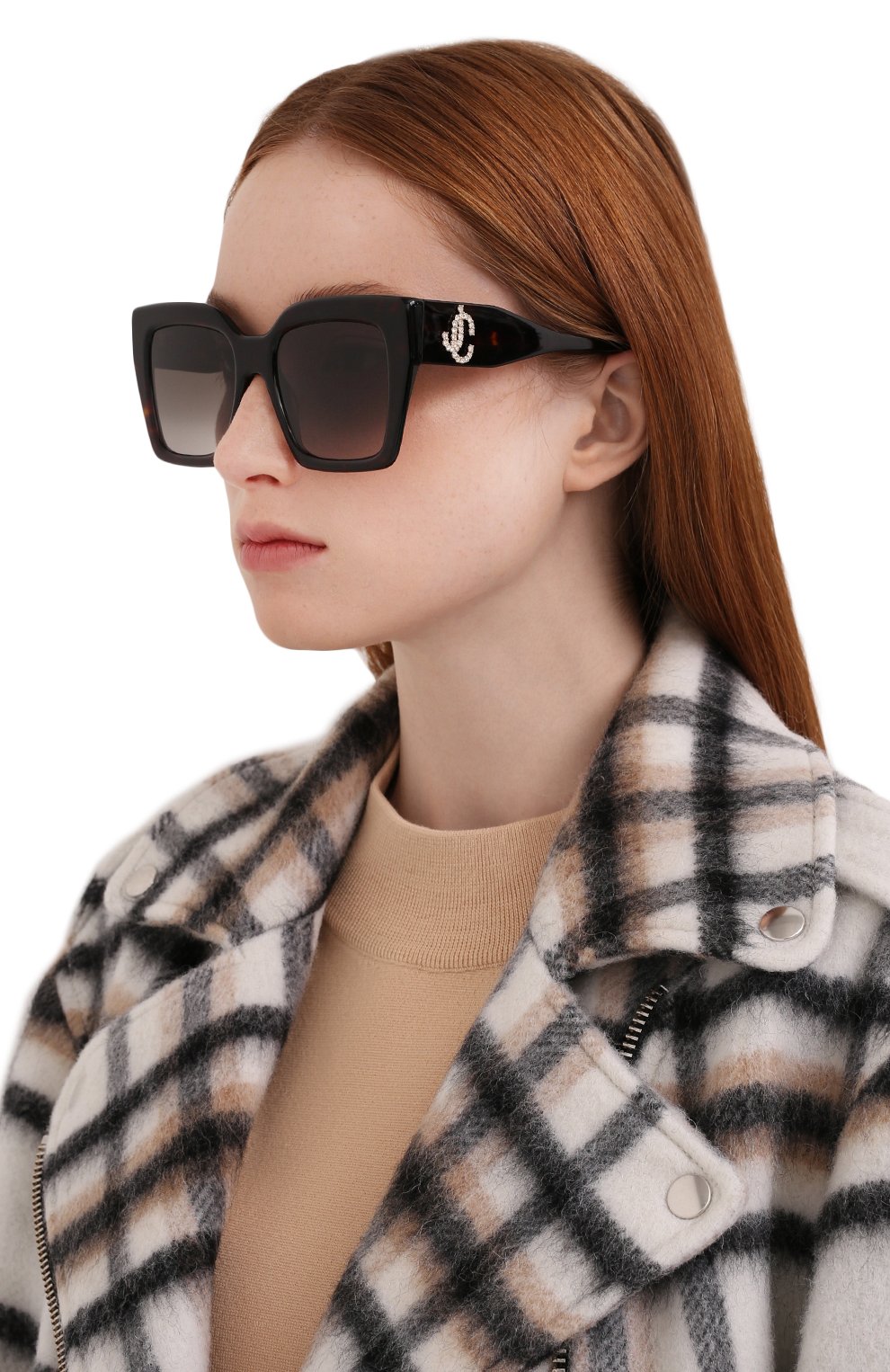 Женские солнцезащитные очки JIMMY CHOO темно-коричневого цвета, арт. ELENI/G 086 | Фото 2 (Тип очков: С/з; Очки форма: Квадратные; Оптика Гендер: оптика-женское)
