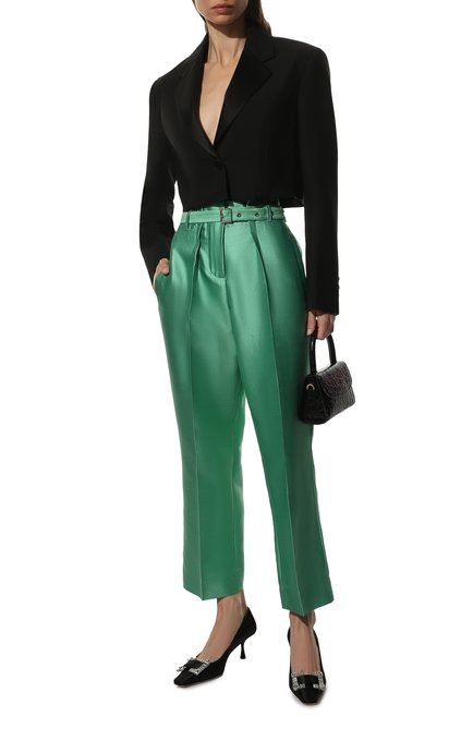 Женские брюки из хлопка и шелка GIORGIO ARMANI зеленого цвета, арт. WAP05W/WA110 | Фото 2 (Материал внешний: Шелк, Хлопок; Длина (брюки, джинсы): Стандартные)