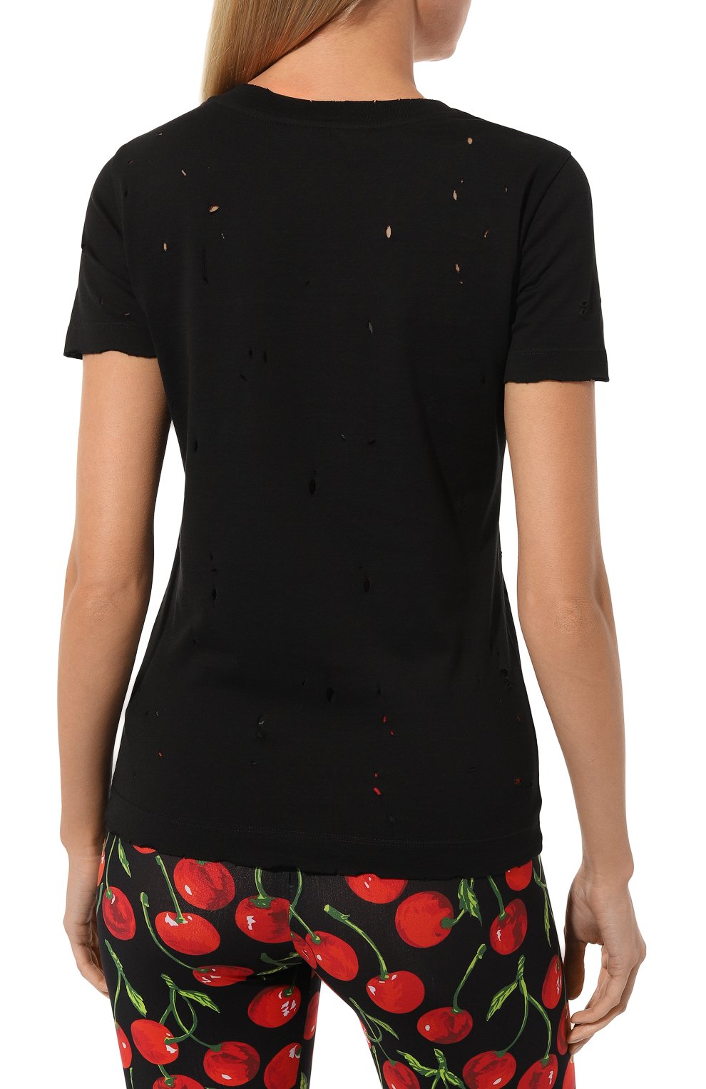 Женская хлопковая футболка DOLCE & GABBANA черного цвета, арт. F8T00T/G7H4U | Фото 4 (Принт: Без принта; Рукава: Короткие; Длина (для топов): Стандартные; Материал сплава: Проставлено; Материал внешний: Хлопок; Стили: Спорт-шик; Женское Кросс-КТ: Футболка-одежда; Драгоценные камни: Проставлено)
