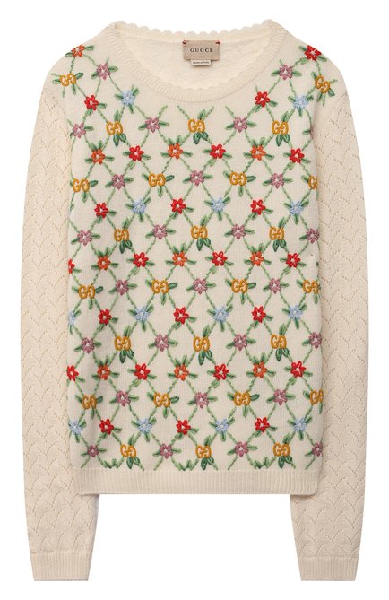 Детский шерстяной пуловер GUCCI белого цвета по цене 57200 руб., арт. 662141/XKBX9 | Фото 1