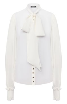 Женская шелковая блузка BALMAIN белого цвета, арт. UF12680/S053 | Фото 1 (Материал внешний: Шелк; Рукава: Длинные; Принт: Без принта; Длина (для топов): Стандартные; Женское Кросс-КТ: Блуза-одежда)