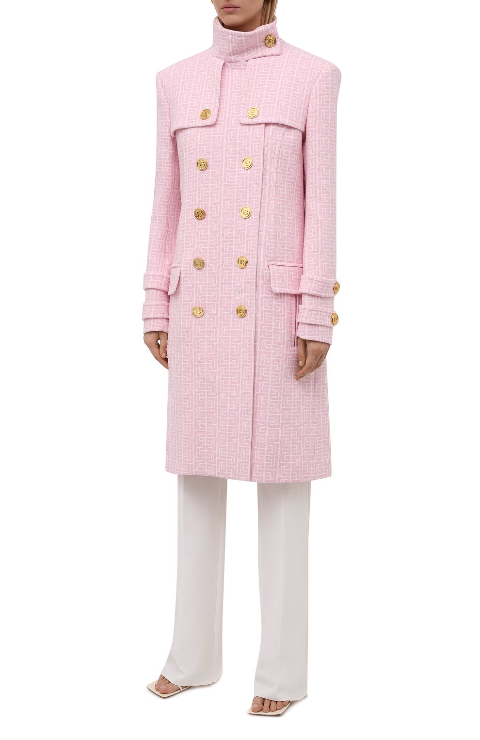 Женское шерстяное пальто BALMAIN светло-розового цвета, арт. WF1UC000/W134 | Фото 3 (Материал внешний: Шерсть; Рукава: Длинные; Длина (верхняя одежда): До колена; Материал подклада: Вискоза; Стили: Романтичный; 1-2-бортные: Двубортные)
