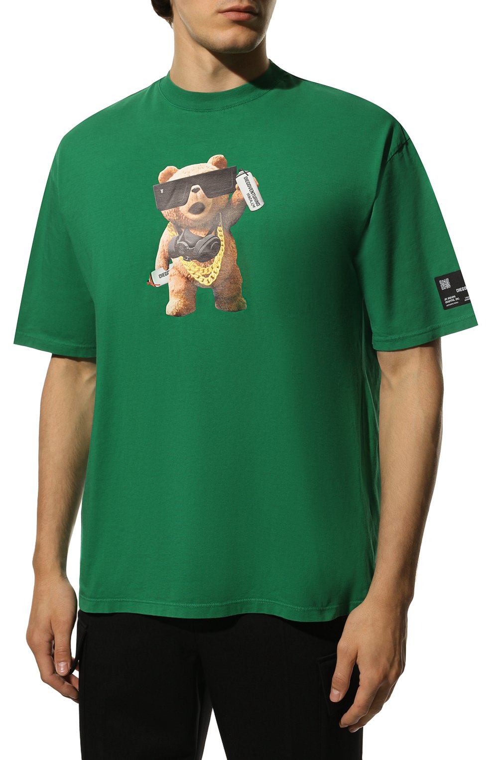 Мужская хлопковая футболка DIEGO VENTURINO зеленого цвета, арт. FW22-DV TS0 P0G | Фото 3 (Рукава: Короткие; Длина (для топов): Стандартные; Стили: Гранж; Принт: С принтом; Материал внешний: Хлопок)