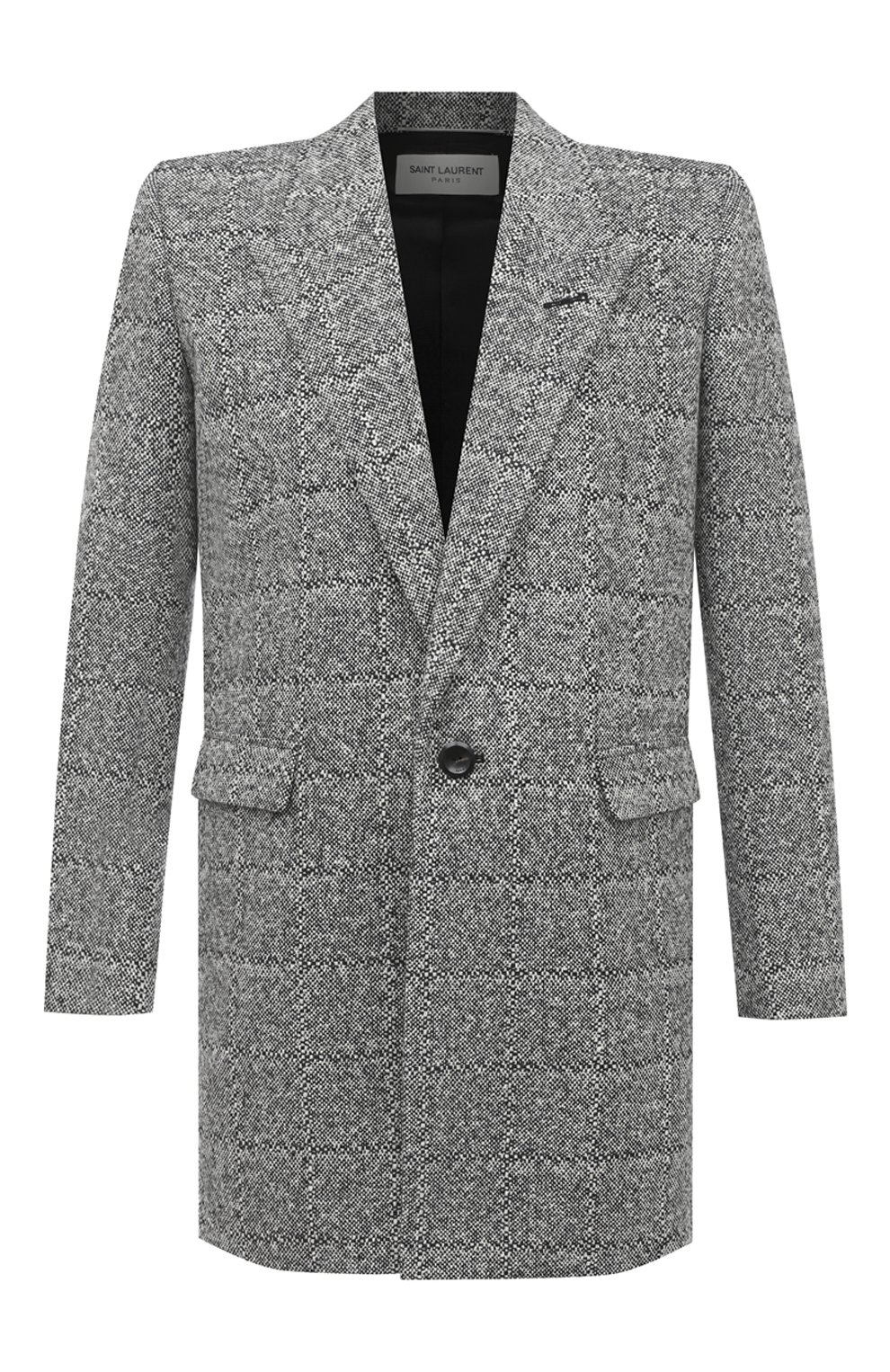 Мужской пальто SAINT LAURENT серого цвета, арт. 626703/Y1B11 | Фото 1 (Материал внешний: Шерсть, Синтетический материал; Рукава: Длинные; Длина (верхняя одежда): До середины бедра; Материал сплава: Проставлено; Стили: Классический; Мужское Кросс-КТ: Верхняя одежда, пальто-верхняя одежда; Драгоценные камни: Проставлено; Материал подклада: Купро)