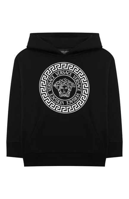 Детский хлопковое худи VERSACE черного цвета, арт. 1001677/1A01377/8A-14A | Фото 1 (Материал внешний: Хлопок; Рукава: Длинные; Мальчики Кросс-КТ: Толстовка-одежда, Худи-одежда; Ростовка одежда: 10 - 11 лет | 140 - 146см, 12 лет | 152 см, 16 лет | 164 см, 8 лет | 128 см)