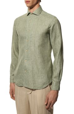 Мужская льняная рубашка CORNELIANI зеленого цвета, арт. 89P126-2111912/00 | Фото 3 (Манжеты: На пуговицах; Рукава: Длинные; Рубашки М: Regular Fit; Воротник: Акула; Случай: Повседневный; Длина (для топов): Стандартные; Материал внешний: Лен; Принт: Однотонные; Стили: Кэжуэл)