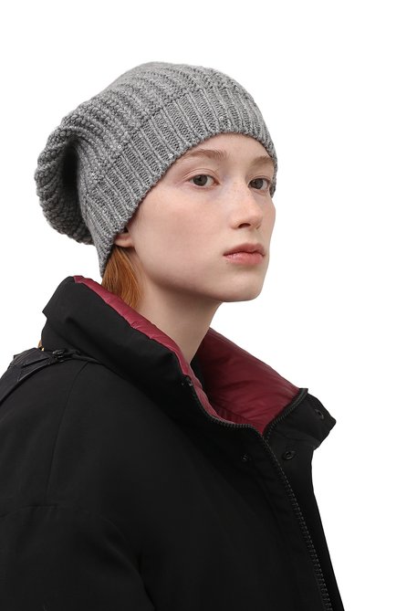 Женская шапка из смеси кашемира и шелка BRUNELLO CUCINELLI серого цвета, арт. M32373999 | Фото 2 (Материал: Кашемир, Шерсть, Текстиль)