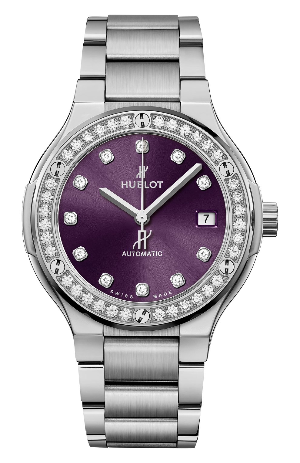 Женские часы classic fusion titanium purple diamonds bracelet HUBLOT бесцветного цвета, арт. 568.NX.897V.NX.1204 | Фото 1 (Механизм: Автомат; Материал корпуса: Титан; Цвет циферблата: Другое)