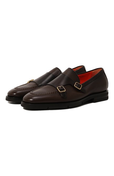 Мужские кожаные монки SANTONI темно-коричневого цвета, арт. MCNG18003PI2BFUE | Фото 1 (Материал внутренний: Натуральная кожа; Материал сплава: Проставлено; Нос: Не проставлено)