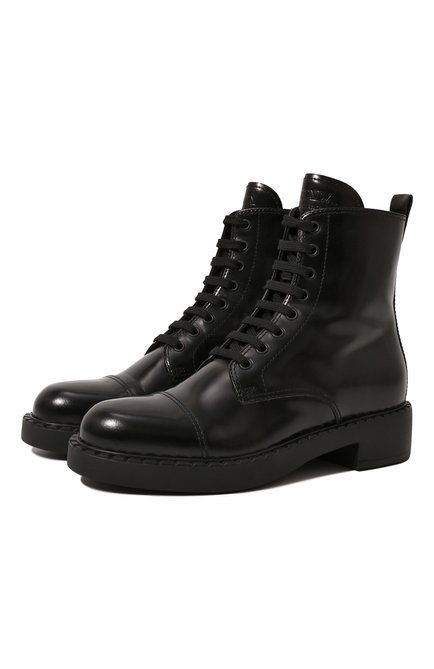 Женские кожаные ботинки PRADA черного цвета, арт. 1T360M-055-F0002-B050 | Фото 1 (Каблук тип: Устойчивый; Материал внешний: Кожа; Подошва: Платформа; Каблук высота: Низкий; Женское Кросс-КТ: Военные ботинки; Материал утеплителя: Без утеплителя)