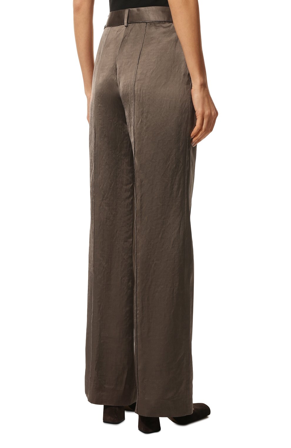 Женские брюки из вискозы и льна TOM FORD коричневого цвета, арт. PAW432-FAX595 | Фото 4 (Длина (брюки, джинсы): Удлиненные; Женское Кросс-КТ: Брюки-одежда; Материал сплава: Проставлено; Силуэт Ж (брюки и джинсы): Расклешенные; Материал внешний: Вискоза, Лен; Драгоценные камни: Проставлено; Материал подклада: Вискоза; Стили: Романтичный)