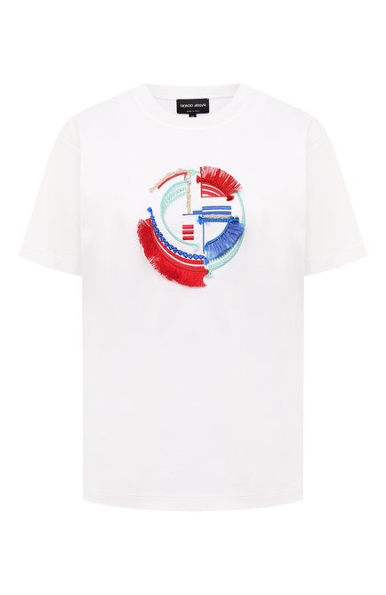 Женская хлопковая футболка GIORGIO ARMANI белого цвета, арт. 3LAM58/AJVIZ | Фото 1 (Материал внешний: Хлопок; Рукава: Короткие; Длина (для топов): Стандартные; Стили: Спорт-шик; Принт: С принтом; Женское Кросс-КТ: Футболка-одежда)