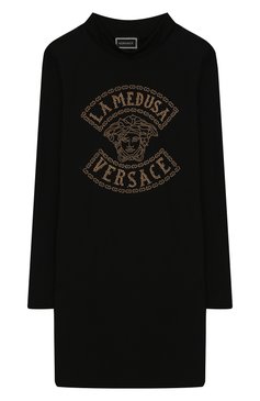Детское хлопковое платье VERSACE черного цвета, арт. YC000178/YA00077/8A-14A | Фото 1 (Рукава: Длинные; Принт: С принтом; Материал внешний: Хлопок; Девочки Кросс-КТ: Платье-одежда; Статус проверки: Проверена категория)