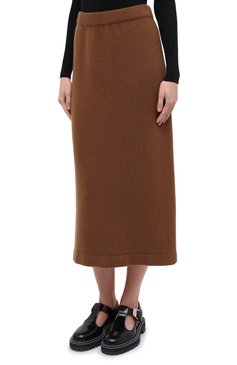 Женская юбка из шерсти и кашемира TAK.ORI коричневого цвета, арт. SKK50011WC030AW20 | Фото 3 (Материал внешний: Шерсть, Кашемир; Кросс-КТ: Трикотаж; Женское Кросс-КТ: Юбка-одежда; Длина Ж (юбки, платья, шорты): Миди; Стили: Кэжуэл)