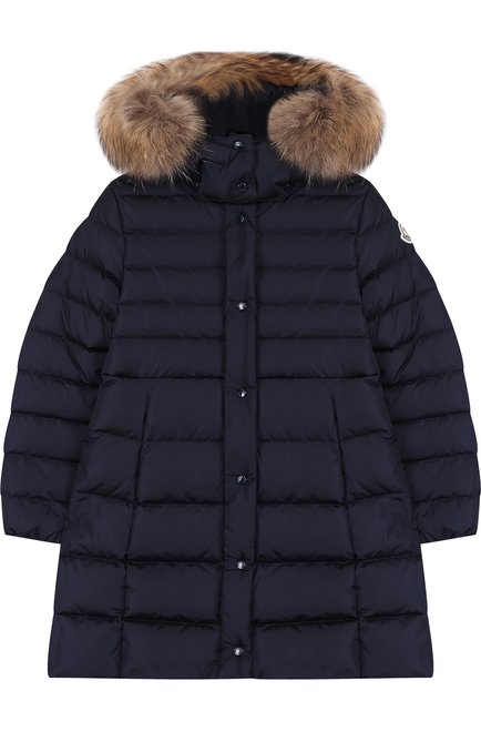 Детское пуховое пальто на молнии с капюшоном и меховой отделкой MONCLER ENFANT синего цвета по цене 69350 руб., арт. D2-954-49392-25-54155/4-6A | Фото 1