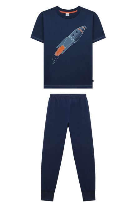 Женская хлопковая пижама SANETTA темно-синего цвета, арт. 233445 | Фото 1 (Драгоценные камни: Проставлено; Материал внешний: Хлопок; Рукава: Короткие; Материал сплава: Проставлено)
