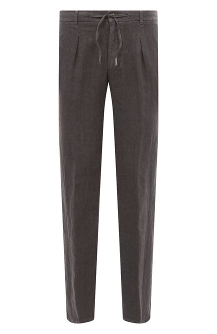 Мужские льняные брюки MUST темно-серого цвета, арт. 523G/6919 | Фото 1 (Длина (брюки, джинсы): Стандартные; Материал сплава: Проставлено; Материал внешний: Лен; Драгоценные камни: Проставлено)