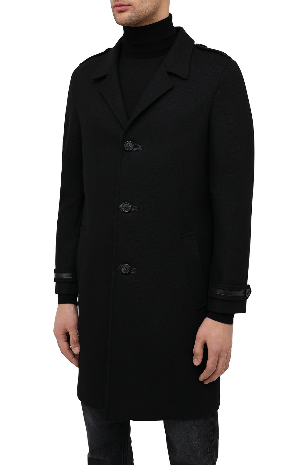 Мужской шерстяное пальто SAINT LAURENT черного цвета, арт. 626834/Y1B71 | Фото 3 (Материал внешний: Шерсть; Рукава: Длинные; Длина (верхняя одежда): До колена; Стили: Классический; Мужское Кросс-КТ: Верхняя одежда, пальто-верхняя одежда; Материал подклада: Купро)
