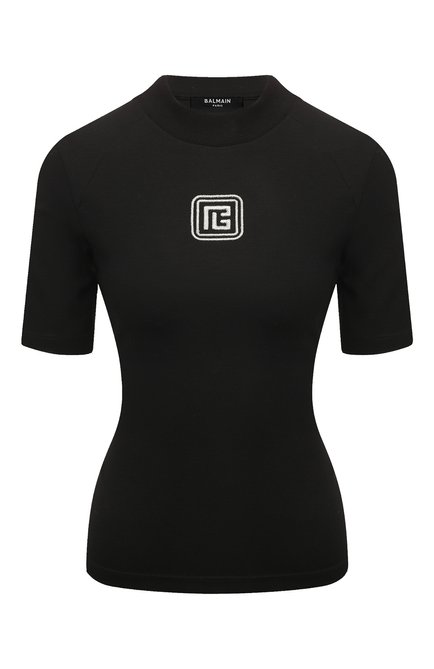 Женская футболка BALMAIN черного цвета, арт. BF0EF055/BC49 | Фото 1 (Материал внешний: Вискоза, Синтетический материал; Длина (для топов): Стандартные; Драгоценные камни: Проставлено; Материал сплава: Проставлено; Рукава: Короткие)
