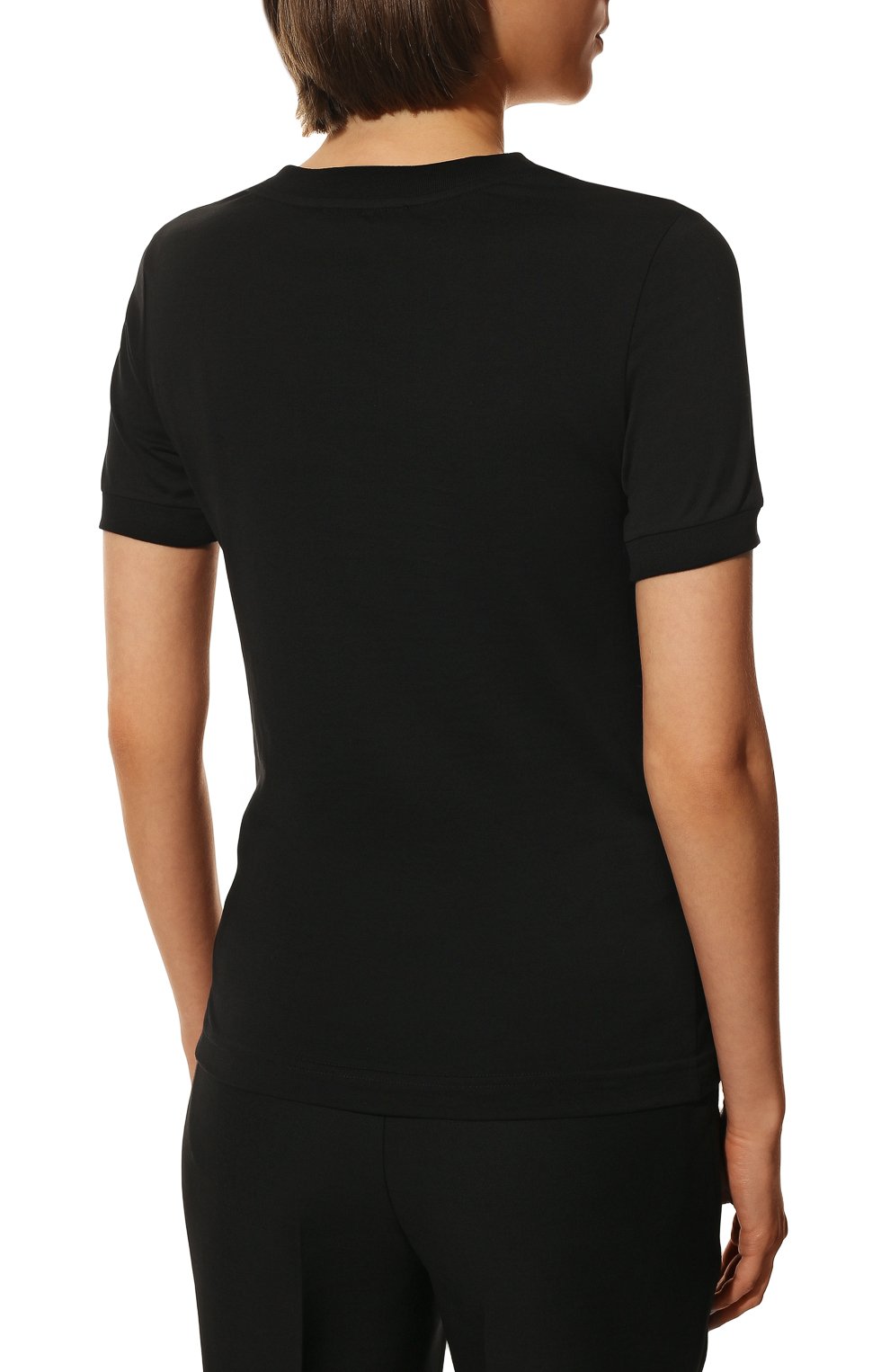 Женская хлопковая футболка DOLCE & GABBANA черного цвета, арт. F8N08Z/G7B3U | Фото 4 (Принт: Без принта; Рукава: Короткие; Длина (для топов): Стандартные; Материал сплава: Проставлено; Материал внешний: Хлопок; Женское Кросс-КТ: Футболка-одежда; Драгоценные камни: Проставлено; Стили: Романтичный)