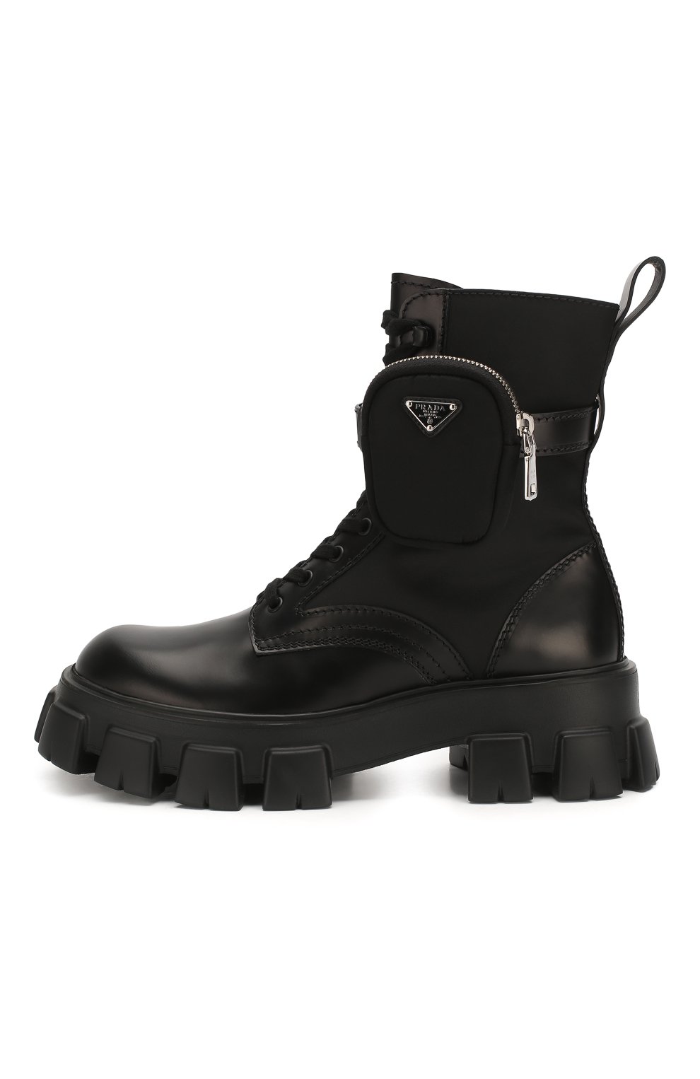 Мужские комбинированные ботинки PRADA черного цвета, арт. 2UE007-3L09-F0002-D002 | Фото 3 (Каблук высота: Высокий; Материал внешний: Кожа; Мужское Кросс-КТ: Ботинки-обувь, Байкеры-обувь; Материал внутренний: Натуральная кожа; Материал утеплителя: Без утеплителя; Подошва: Массивная)