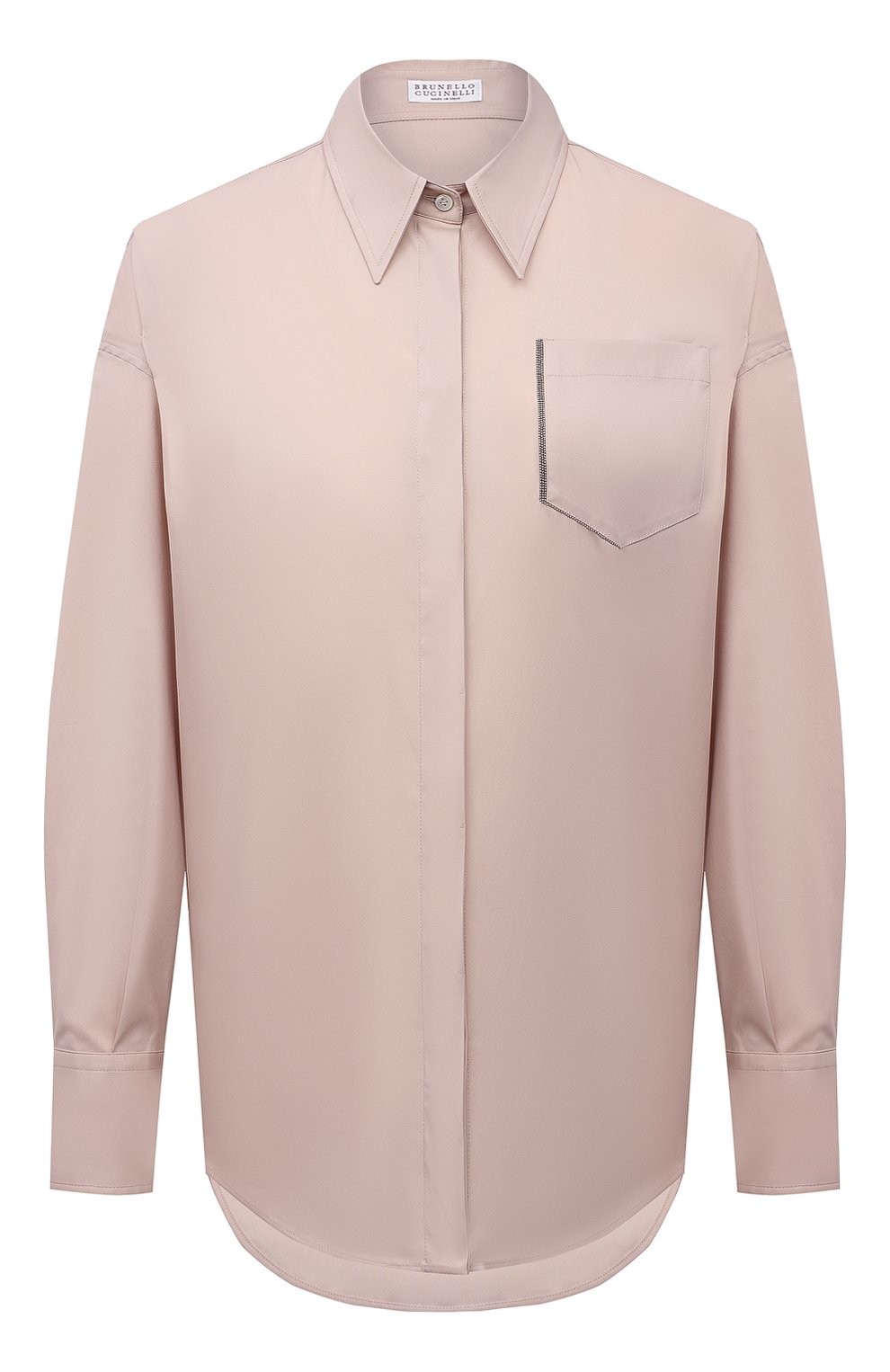 Женская хлопковая рубашка BRUNELLO CUCINELLI светло-розового цвета, арт. MP091NC306 | Фото 1 (Рукава: Длинные; Принт: Без принта; Женское Кросс-КТ: Рубашка-одежда; Длина (для топов): Удлиненные; Материал внешний: Хлопок; Стили: Кэжуэл)