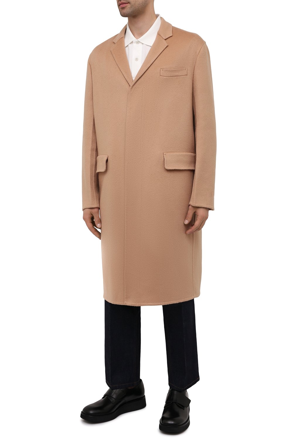 Мужской кашемировое пальто PRADA бежевого цвета, арт. UC465X-1YE6-F0040-211 | Фото 3 (Материал внешний: Шерсть, Кашемир; Рукава: Длинные; Длина (верхняя одежда): До колена; Стили: Классический; Мужское Кросс-КТ: пальто-верхняя одежда)