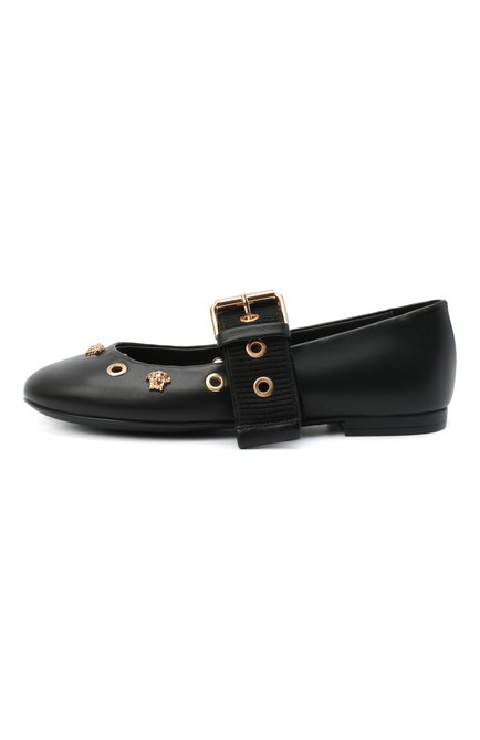 Детские кожаные балетки VERSACE черного цвета, арт. YHF00048/YB00354/30-33 | Фото 2 (Материал внутренний: Натуральная кожа; Материал внешний: Кожа; Девочки-школьная форма: Классическая обувь; Региональные ограничения белый список (Axapta Mercury): RU; Длина стельки: 21,5, 19,3)
