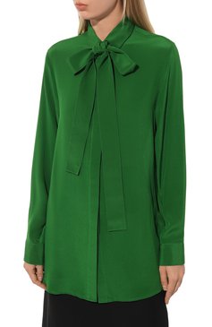 Женская шелковая блузка ELIE SAAB зеленого цвета, арт. 15116 | Фото 3 (Материал внешний: Шелк; Рукава: Длинные; Принт: Без принта; Длина (для топов): Удлиненные; Материал сплава: Проставлено; Драгоценные камни: Проставлено; Стили: Романтичный; Женское Кросс-КТ: Блуза-одежда)