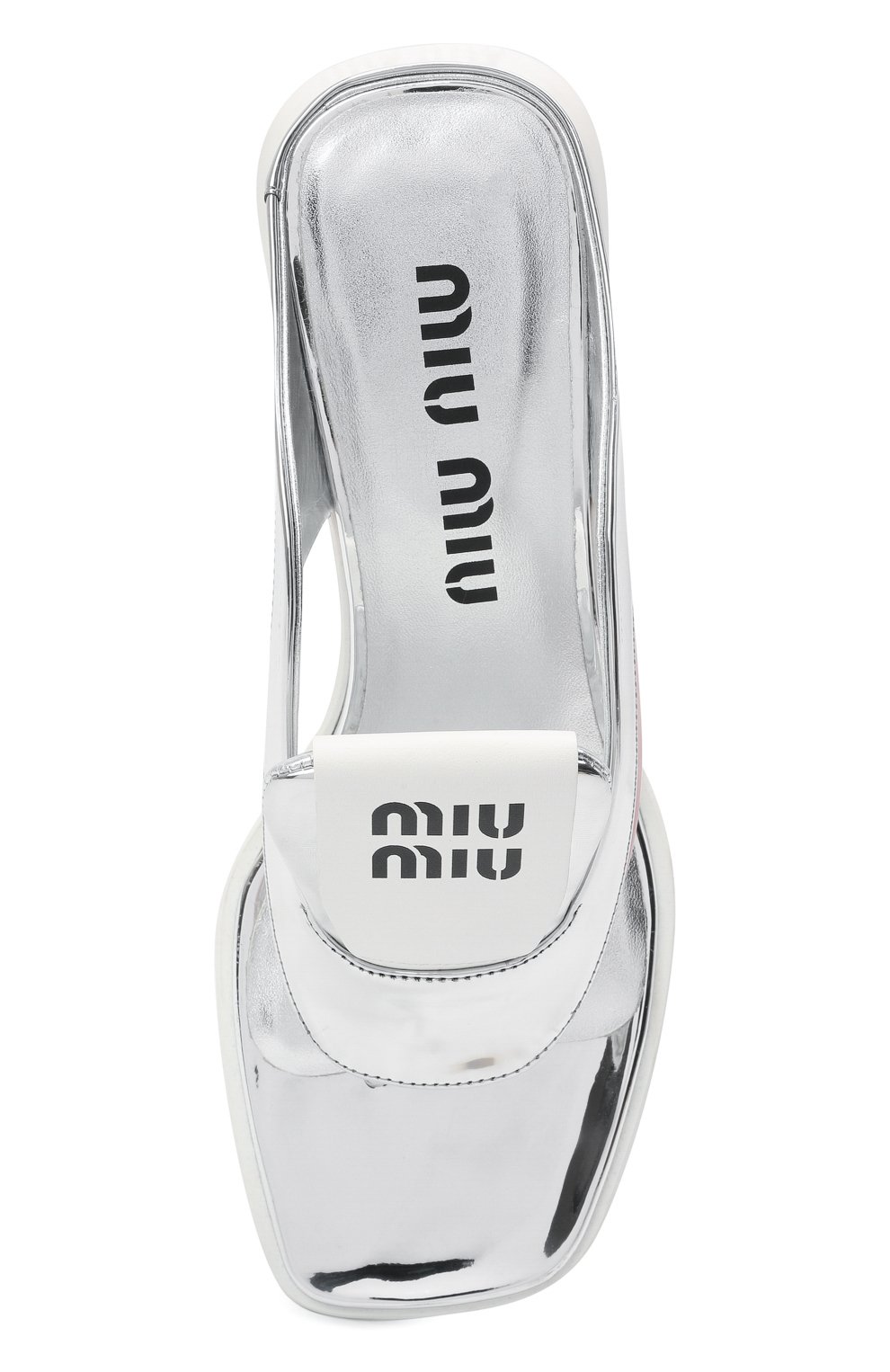 Женские мюли MIU MIU серебряного цвета, арт. 5Y497D-3LD7-F003Q-A055 | Фото 5 (Материал внешний: Экокожа, Текстиль; Каблук высота: Низкий; Подошва: Плоская; Каблук тип: Kitten heel)