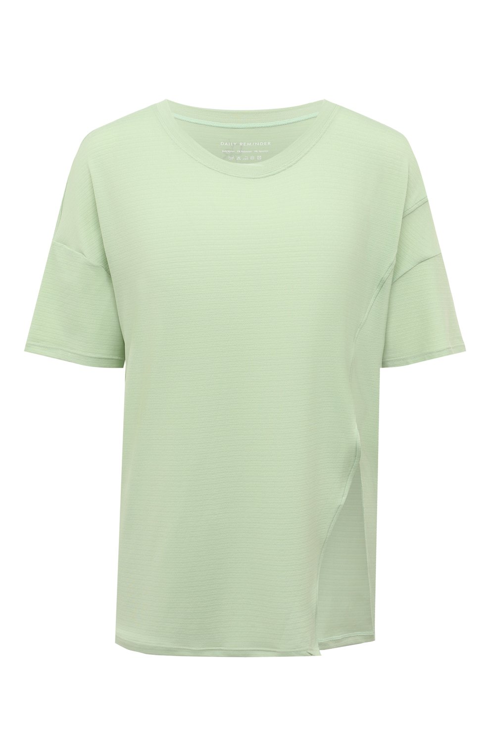 Женская футболка DAILY REMINDER зеленого цвета, арт. T021-MT | Фото 1 (Принт: Без принта; Рукава: Короткие; Материал внешний: Синтетический материал; Длина (для топов): Стандартные; Материал сплава: Проставлено; Стили: Спорт-шик; Женское Кросс-КТ: Футболка-одежда; Драгоценные камни: Проставлено)