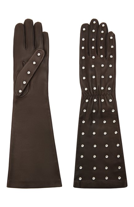 Женские кожаные перчатки BOTTEGA VENETA темно-коричневого цвета, арт. 649948/3V00F | Фото 2 (Длина (верхняя одежда): Длинные; Региональные ограничения белый список (Axapta Mercury): RU; Материал: Натуральная кожа)
