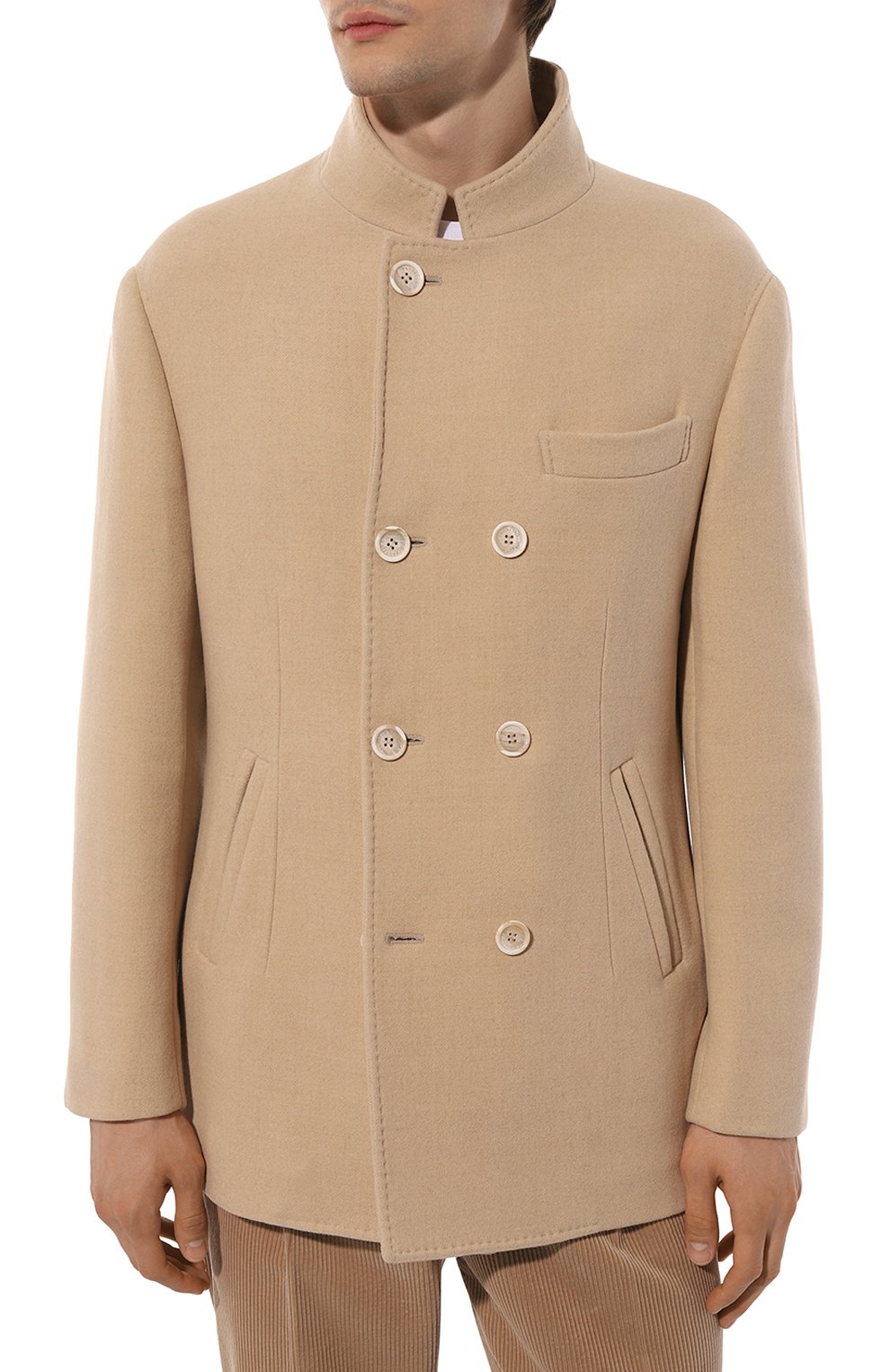 Мужской шерстяное пальто BRUNELLO CUCINELLI светло-бежевого цвета, арт. MQ4217003 | Фото 3 (Материал внешний: Шерсть; Рукава: Длинные; Материал сплава: Проставлено; Драгоценные камни: Проставлено; Длина (верхняя одежда): Короткие; Мужское К росс-КТ: пальто-верхняя одежда; Материал подклада: Купро; Стили: Кэжуэл)