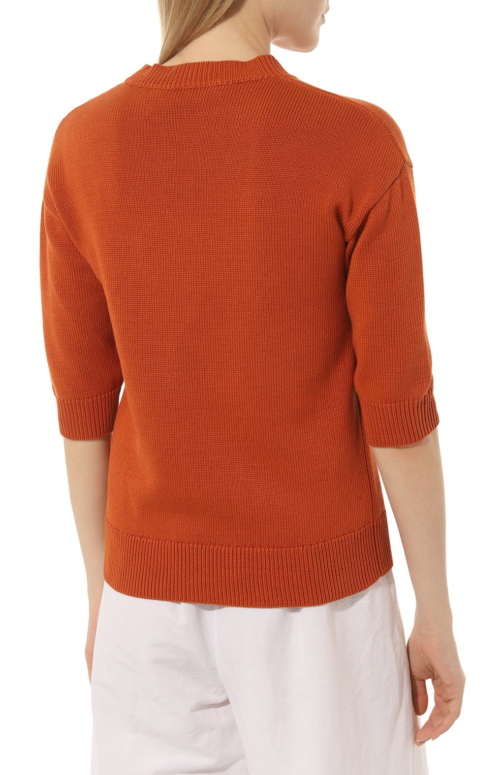 Женский хлопковый пуловер MARNI оранжевого цвета, арт. GCMD0440EQ/UFCC20 | Фото 4 (Длина (для топов): Стандартные; Материал сплава: Проставлено; Материал внешний: Хлопок; Женское Кросс-КТ: Пуловер-одежда; Драгоценные камни: Проставлено; Рукава: 3/4; Стили: Кэжуэл)
