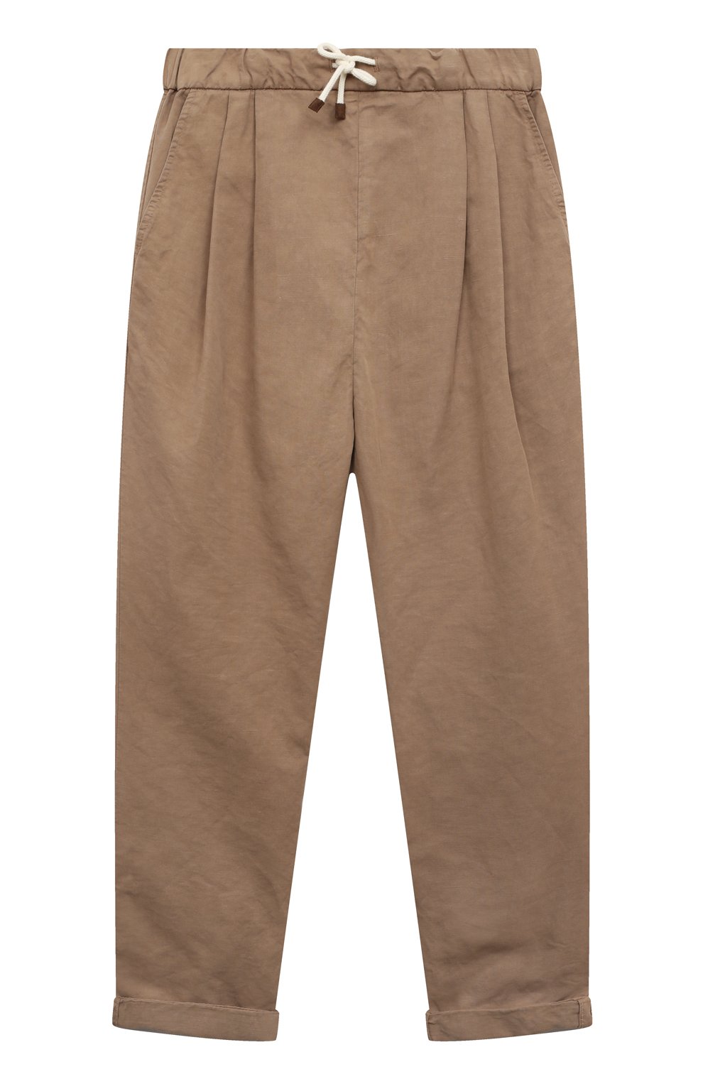 Детские брюки изо льна и хлопка BRUNELLO CUCINELLI светло-коричневого цвета, арт. B291DP113C | Фото 1 (Случай: Повседневный; Материал внешний: Хлопок, Лен)
