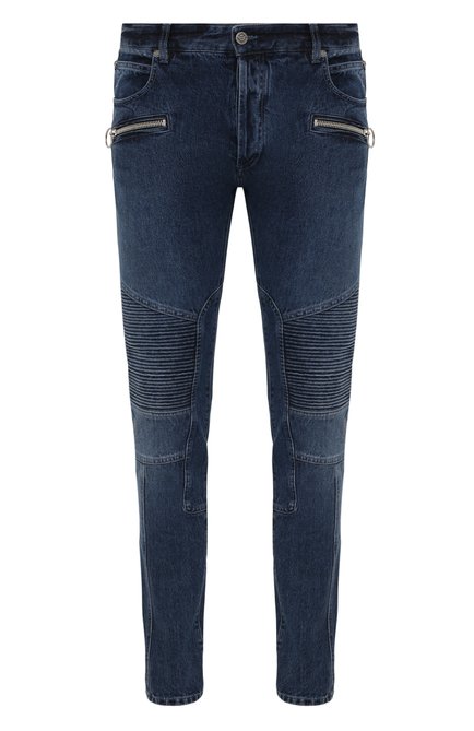 Мужские джинсы BALMAIN синего цвета, арт. WH0MG045/163D | Фото 1 (Материал внешний: Хлопок, Деним; Длина (брюки, джинсы): Стандартные; Кросс-КТ: Деним; Детали: Потертости; Стили: Гранж; Силуэт М (брюки): Узкие)