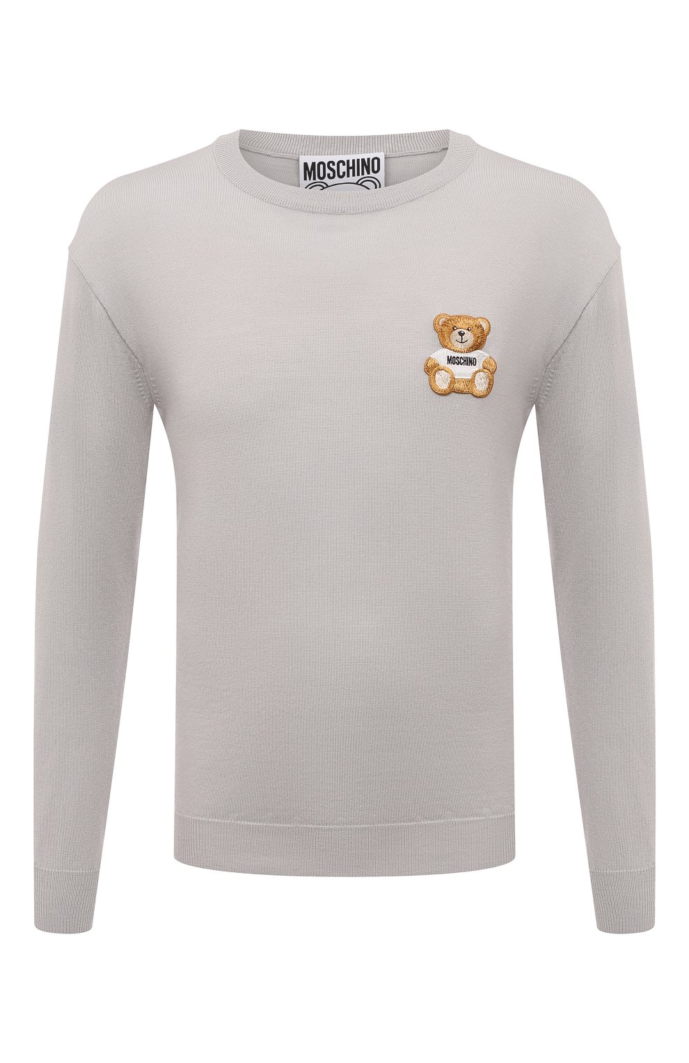 Мужской шерстяной джемпер MOSCHINO светло-серого цвета, арт. V0902/7000 | Фото 1 (Мужское Кросс-КТ: Джемперы; Материал внешний: Шерсть; Рукава: Длинные; Длина (для топов): Стандартные; Принт: С принтом; Материал сплава: Проставлено; Драгоценные камни: Проставлено; Вырез: Круглый; Стили: Кэжуэл)