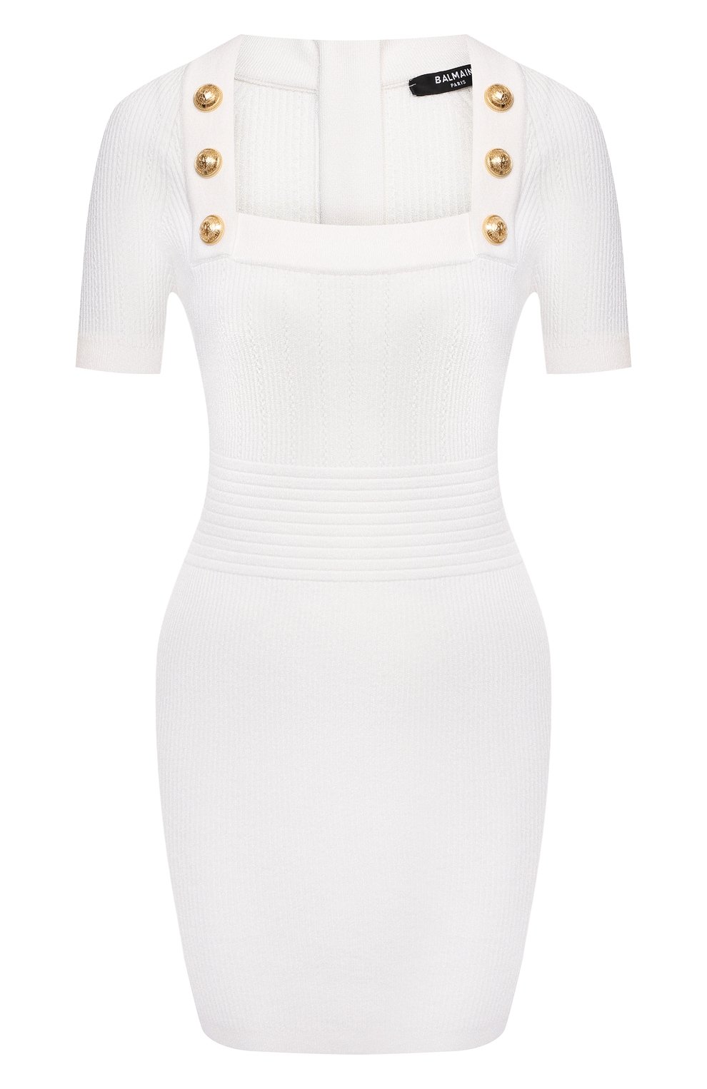 Женское платье из вискозы BALMAIN белого цвета, арт. VF16152/K211 | Фото 1 (Случай: Коктейльный; Стили: Гламурный; Длина Ж (юбки, платья, шорты): Мини; Рукава: Короткие; Женское Кросс-КТ: платье-футляр, Платье-одежда; Региональные ограничения белый список (Axapta Mercury): RU; Кросс-КТ: Трикотаж; Материал сплава: Проставлено; Материал внешний: Вискоза; Драгоценные камни: Проставлено)